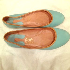 Aqua suede leather flats with tan trim