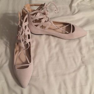 Lace up faux suede flats- nude