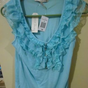 Light blue ruffle neckline shirt