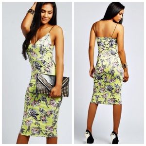 Lime floral bodycon midi dress size 6