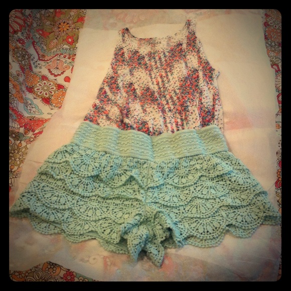 Mint Green Lace Shorts with Floral Tank