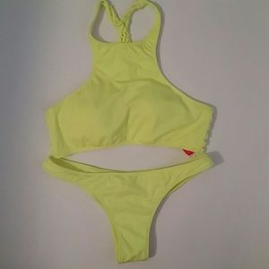 Neon yellow high neck bikini w cheeky bottoms