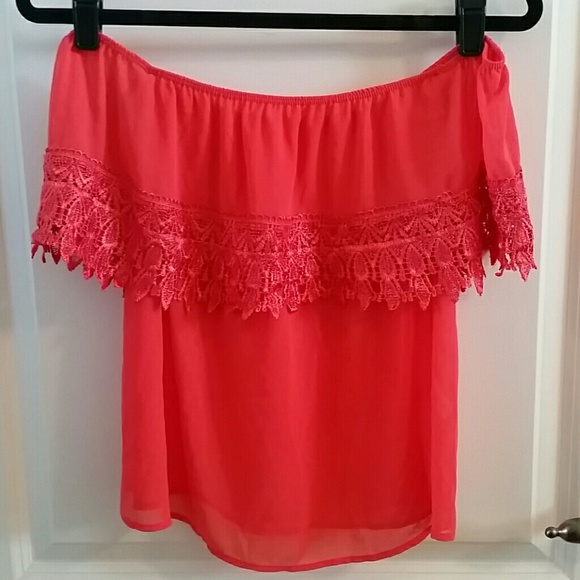 Coral off the shoulder top with crochet trim