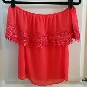 Coral off the shoulder top with crochet trim