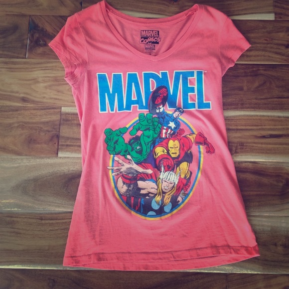 marvel comic v-neck peach shirt