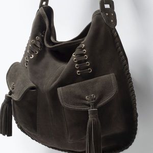 Zara Suede Hobo Fringed Shoulder Bag Khaki Army