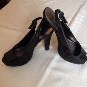 Candies black sequined sling backs pumps platforms