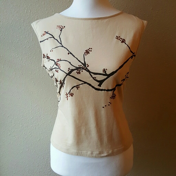 Beige w Branch and Sequin Detail Sleeveless Top