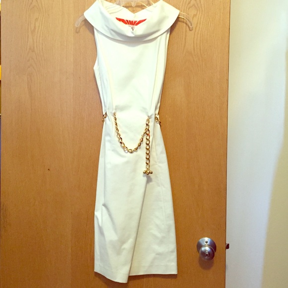 Milly White Shawl Boatneck Collar Chain-belt Dress