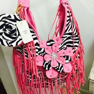 zebra/pink fringe Handbag with large coin purse!