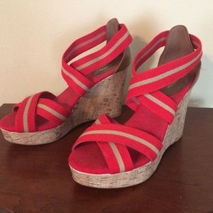 Merona red and tan wedges