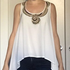 Trina Turk White Silk Tank with Embellished Neck