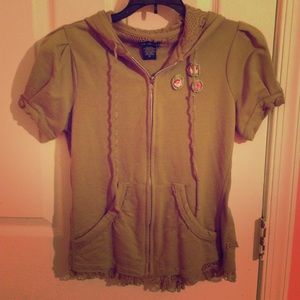 Brown and pink colored short sleeve zipped top