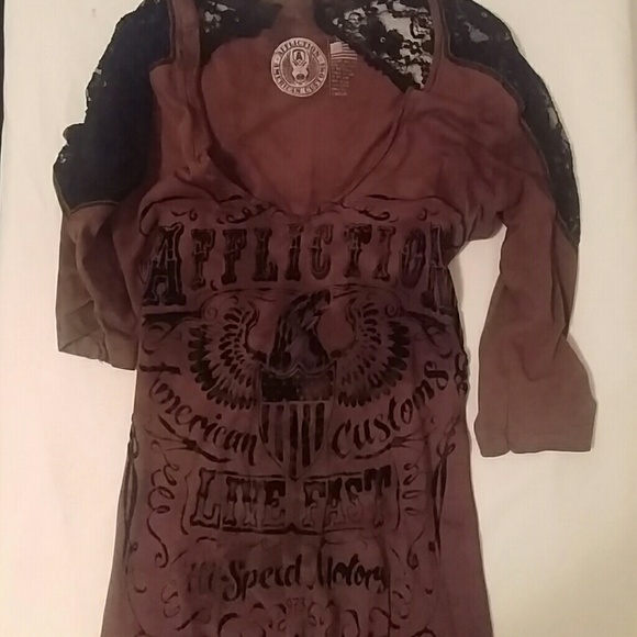 ❌SOLD❌Affliction Lace Ruched Sleeve Shirt - Picture 3 of 4