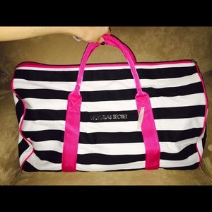 Black and White Striped Victoria Secret Duffle Bag