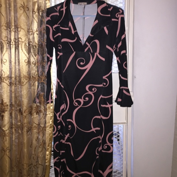 Black dress with pink swirl design
