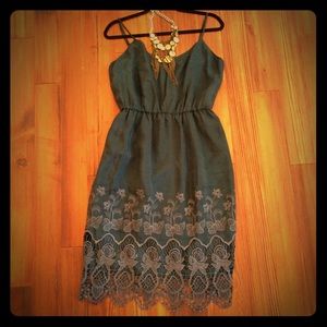Lace hem navy silk dress