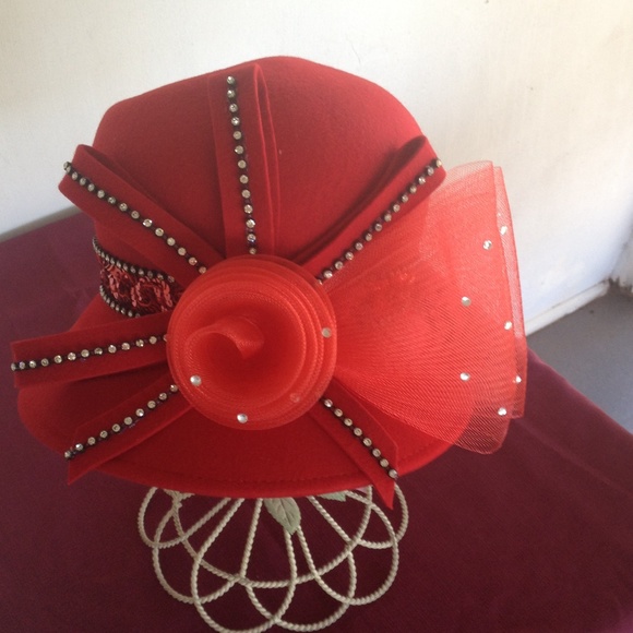 Red Wool Felt Hat with Organza Bow and Rhinestones