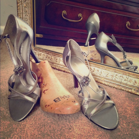 Pewter Metallic Gray Gem Open Toe Heels - Picture 2 of 4