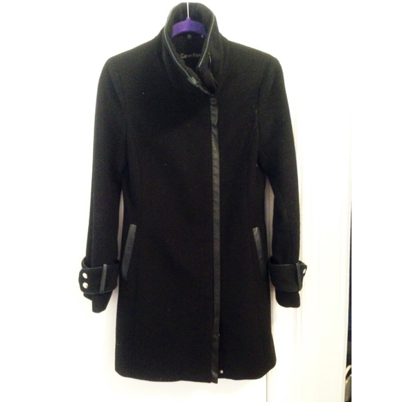 Calvin Klein Wool Coat with Faux Leather Accents