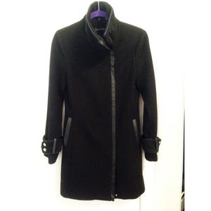 Calvin Klein Wool Coat with Faux Leather Accents