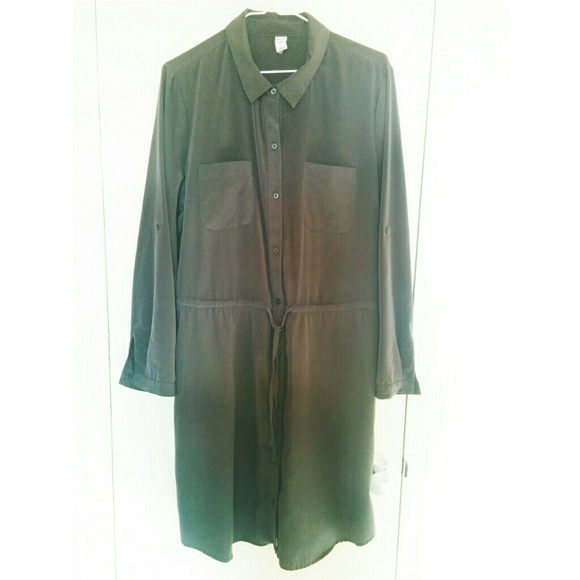 Old Navy Dark Olive Satin Shirt Dress