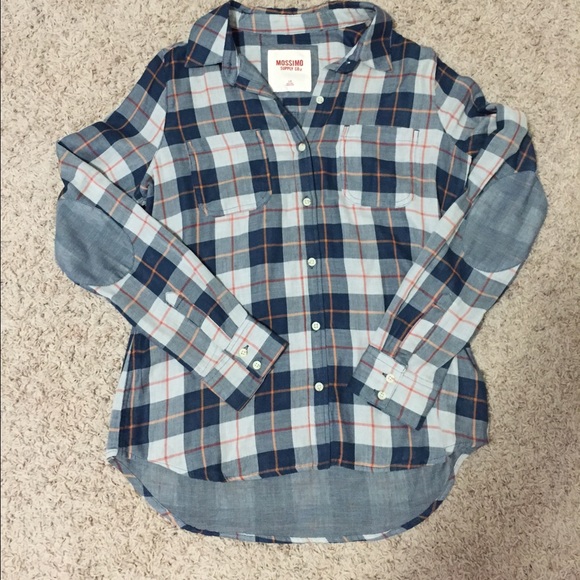 Blue/orange plaid button down with elbow patch
