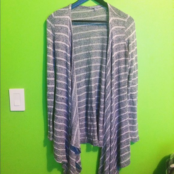 Long Gray & White Striped Sweater Cardigan