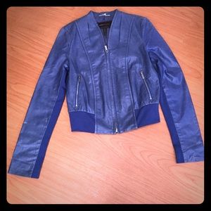 Blue Leather Moto Jacket with a feminine flare