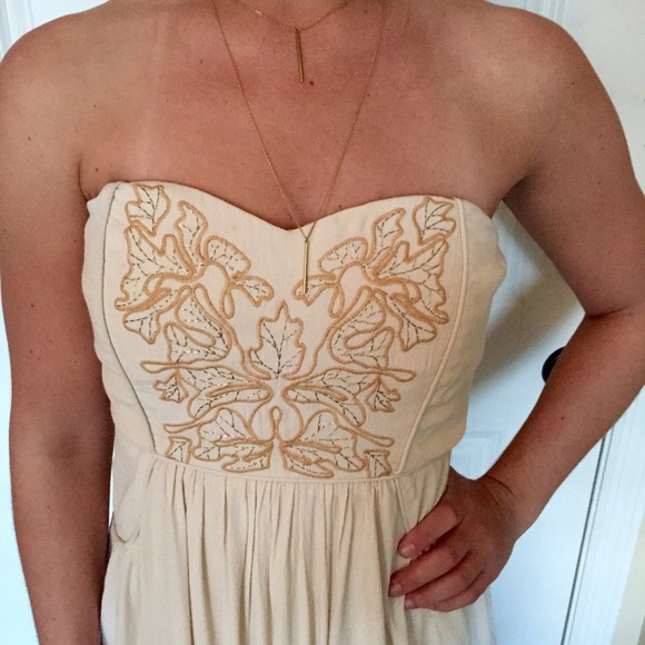 Beige Semi Formal Dress with Gold Accented Bodice - Picture 2 of 2