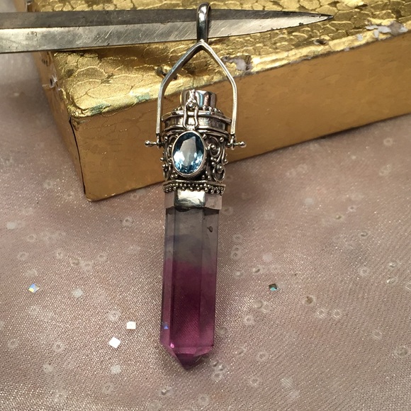 Flourite Crystal Jewelry - Sterling Prayer/Wish Fluorite/Blue Topaz Pendant