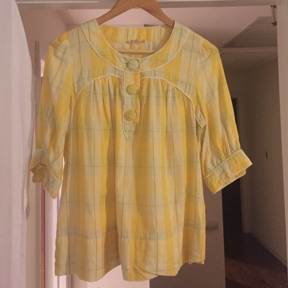 Fcuk jeans yellow plaid swing top- 3/4 sleeve - Picture 1 of 4