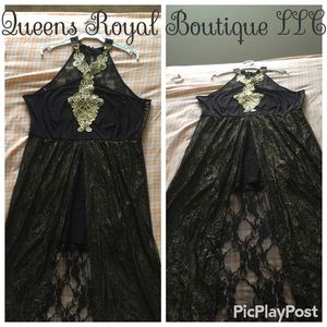 Metallic lace high low evening maxi dress