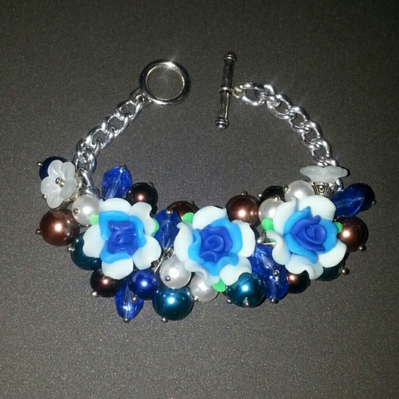 New blue turquoise floral pearl chunky bracelet