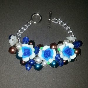 New blue turquoise floral pearl chunky bracelet