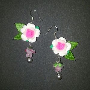 New floral leafy pearl dangle pink white earrings