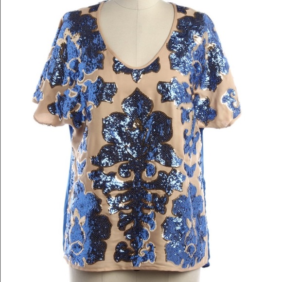 Tracey Reese Blue and Nude Sequin Top - Picture 1 of 3