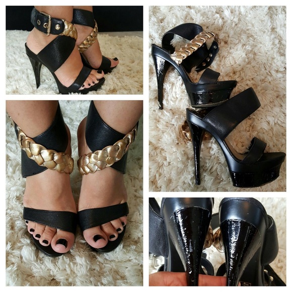 Black & gold strapped platforms