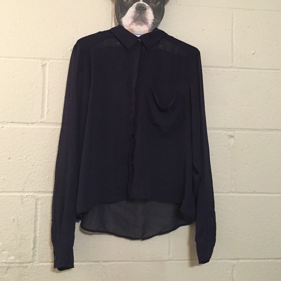 Boxy Navy Chiffon Button Up - Picture 2 of 4