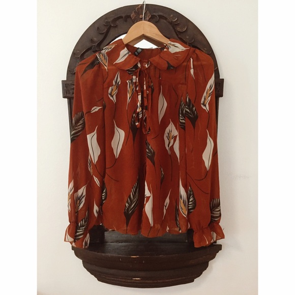 Collared Button Up Chiffon Floral Top with Tie - Picture 1 of 4