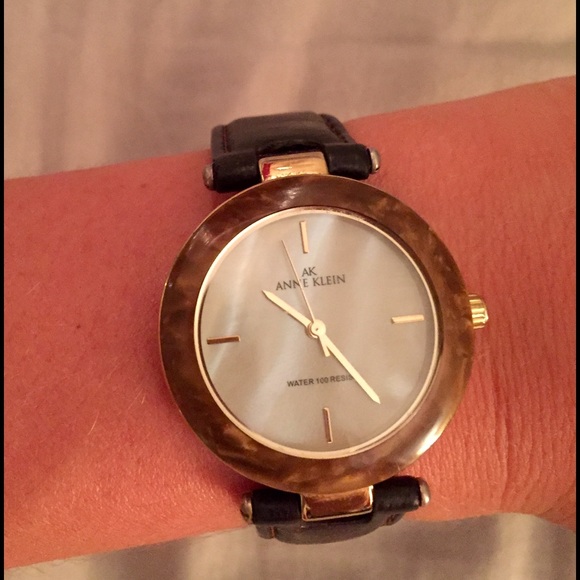 Anne Klein dark brown leather and gold watch