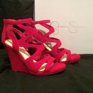 Jessica Simpson "Delina" red strappy backzip wedge