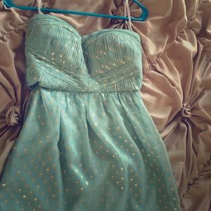 Minuet dress small. Light Aqua/gold. Worn once!
