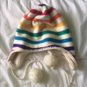 rainbow striped hat/beanie with pompom ends