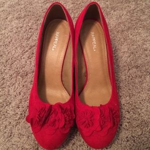 Brand new red velvet high wedge heels!