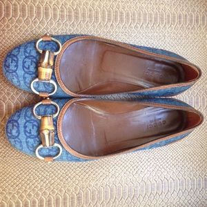 Gucci Denim Monogrammed Flats Bamboo