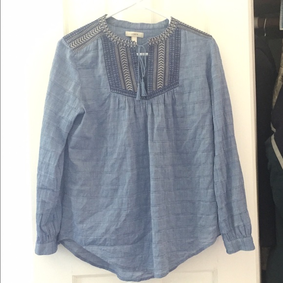 J. Crew chambray tassel tie blouse