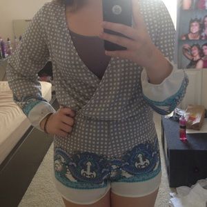 Black white and blue patterned romper size m