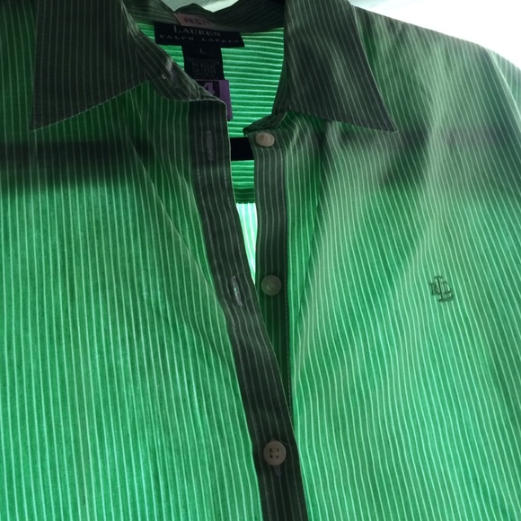 Green shirt with with white lines