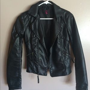 Black faux-leather motorcycle jacket